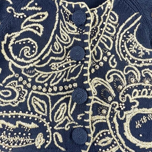 VTG Michael Simon Black Gold Regencycore Beaded Embroidered Cardigan Sweater  S - Picture 5 of 10